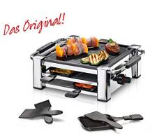 ROMMELSBACHER RCC 1000 Raclette-Grill (Tischgrill, für 4 Personen, gerippte Alu-Druckguss-Grillplatte mit Xylan Plus Antihaftbeschichtung, Parkdeck, 4 Pfännchen, 4 Schaber, 1000 W) chrom