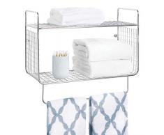 mDesign Badregal – Wandregal mit zwei Ebenen zur Aufbewahrung von Shampoo, Badesalzen, Kosmetik etc. – mit praktischem Handtuchhalter – silberfarben