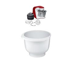 Bosch MUM54R00 Küchenmaschine StartLine Edelstahl-Rührschüssel, 3D Rührsystem, 7 Schaltstufen, 3,9 L, 900 W, weiß / tiefrot + MUZ5KR1 Kunststoff-Rührschüssel für Küchenmaschine Mum5