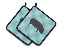 Carolines Treasures BB8098PTHD Common Strauß blau kariert dekorierter Topflappen, 19,1 x 19,1 cm, mehrfarbig Schweine - Devon, großes, schwarzes Schwein 7.5 x 7.5 blau