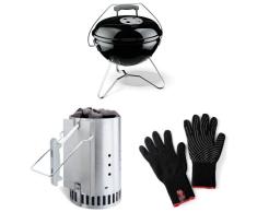 Weber Smokey Joe Premium Holzkohlegrill, schwarz + Anzündkamin + Grillhandschuhe