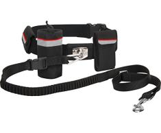 dobar 62010 Walky Belt - Dehnbare Hundeleine mit praktischem Bauchgurt und Taschen für Leckerlis und Spielzeug, Circa 110 cm, L, schwarz