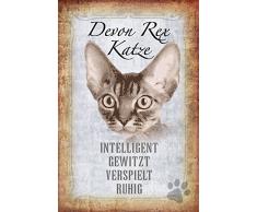 Schatzmix Katze steckbrief: Devon rex Katze - intelligent, verwitz, verspielt, ruhig Metal Sign deko Schild Blech Garten