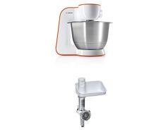 Bosch StartLine MUM54I00 Küchenmaschine (900 W, 3, 9 L, edelstahl-Rührschüssel, einfaches Handling /Verstaulösung) impulsive orange/weiß + MUZ5FW1 Fleischwolf weiß/aludruckguss