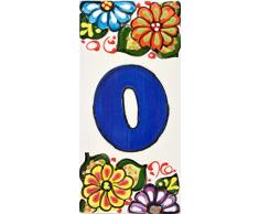 Hausnummer. Schilder mit Zahlen und Nummern auf Keramikkachel. Handgemalte Kordeltechnik fuer Schilder mit Namen, Adressen und Wegweisern. Design JARDIN 14,5 cm x 7 cm (Nummer null0).