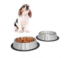 Relaxdays 10023458_58 2er Napfset Hund, Hundenapf, für Wasser, Futternapf, rutschfest, rostfrei, Edelstahlnapf Größe M, 0.5 l, Silber