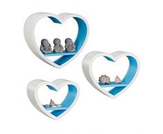 Relaxdays Wandregal Herz 3er Set, romantische Herzform Dekoregale, schwebende Wandablage bis 6 kg belastbar, weiÃ-blau