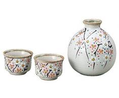 Kutani Pottery K5-1169 Sakeflasche mit japanischem Pflaumenbaum-Muster und 2 Tassen (Tokkuri und Sakazuki)