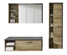 trendteam Badezimmer 3-teilige Set Kombination Bay, 186 x 160 x 53 cm in Korpus Beton Stone Dekor, Front Eiche Riviera Honig mit viel Stauraum