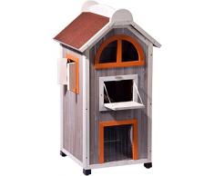 dobar 55018FSC Großes Katzenhaus Fancy Cat aus Holz für draußen/drinnen, Katzenturm mit 6 Öffnungen und Hängematte, XL, grau/orange/weinrot