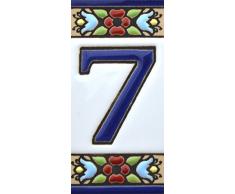 Hausnummer. Schilder mit Zahlen und Nummern auf Keramikkachel. Handgemalte Kordeltechnik fuer Schilder mit Namen, Adressen und Wegweisern. Design FLORES MINI 7,3 cm x 3,5 cm (Nummer SIEBEN7).