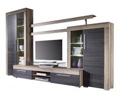 trendteam Wohnzimmer Anbauwand Wohnwand Boom, 308 x 210 x 50 cm in Nussbaum Satin Dekor, Absetzung Touchwood Dunkelbraun mit LED Beleuchtung in Warm Weià und brünierten Glas