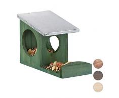 Relaxdays Eichhörnchen Futterhaus, Kobel aus Holz, wetterfestes Metall Dach, zum Aufhängen, Garten Futterstation, grün