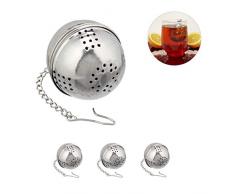 Relaxdays Teeei, 4er Set, Teesieb für losen Tee, Edelstahl, Kugelform, Tassen & Gläser, Kette mit Haken, Ø 4 cm, silber
