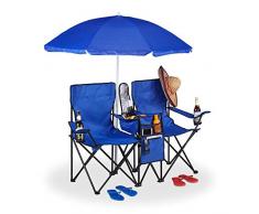Relaxdays, blau Campingstuhl, Faltbarer Doppel Klappstuhl mit Sonnenschirm, Kühltasche, 2 Fächer, Getränkehalter