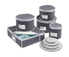 mDesign 5er Set gesteppte Geschirraufbewahrung – runde Servicebehälter zum Schutz und Transport von Geschirr für 12 Personen – Essgeschirr-Organizer mit Filzprotektoren – navyblau/grau