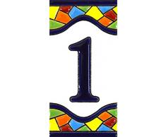 Hausnummer. Schilder mit Zahlen und Nummern auf Keramikkachel. Handgemalte Kordeltechnik fuer Schilder mit Namen, Adressen und Wegweisern. Design MOSAICO MEDIANO 10,9cm x 5,4 cm (Nummer EINS1)