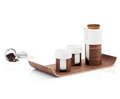 Tonfisk TNW007K Design warmes Teeservice mit 2 Tassen, Teekanne mit Edelstahlsieb und Walnuss-Tablett (Weiß), Keramik