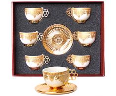 Alisveristime 12 Stück türkisches, griechisches, arabisches Kaffee-Espressotassen Untertassen Porzellan Set (Goldfarben)