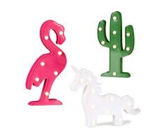 Relaxdays LED Lichtdeko 3er Set, Flamingo, Kaktus, Einhorn, Nacht Tischlicht, Wandleuchte, batteriebetrieben, mehrfarbig, Bunt
