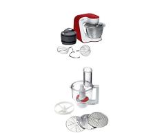 Bosch MUM54R00 Küchenmaschine StartLine Edelstahl-Rührschüssel, 3D Rührsystem, 7 Schaltstufen, 3,9 L, 900 W, weiß / tiefrot + MUZ5MM1 Multimixer (Passend zu Küchenmaschinen MUM5) weiß/transparend