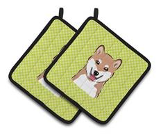 Caroline s Treasures Schachbrett Lime Grün Shiba Inu Paar Topflappen bb1287pthd, 7.5hx7.5 W, multicolor