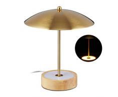 Relaxdays LED Tischlampe, runder Holzsockel mit integrierten LEDs, Eisen Schirm, H x D: 31,5 x 27,5 cm, messing/natur