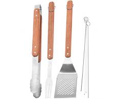 VAGGAN 536331 Grillbesteck Set mit Holzgriff, Zange, Gabel, Wender, Spieße, silberbraun