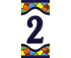 Hausnummer. Schilder mit Zahlen und Nummern auf Keramikkachel. Handgemalte Kordeltechnik fuer Schilder mit Namen, Adressen und Wegweisern. Design MOSAICO MEDIANO 10,9cm x 5,4 cm (Nummer ZWEI2)