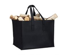 Relaxdays Kaminholzkorb, 2 Griffe, faltbar, Zeitungshalter, Filzkorb Kaminholztasche Filz, Schwarz, 1 Stück