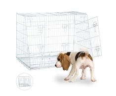 Relaxdays Hundetransportbox, Faltbarer Hundekäfig, doppelt, mit Trennwand, Gitterbox, 3 Türen, Hundebox Auto, L, Silber