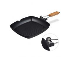 Relaxdays Grillpfanne, abnehmbarer Holzgriff, antihaftbeschichtet, BBQ Bratpfanne mit Rillen, Aluminium, schwarz