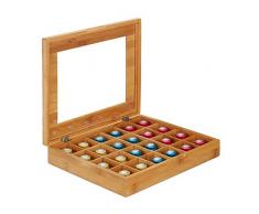 Relaxdays Kapselbox aus Bambus, 24 Fächer, aufklappbar, Kapselspender, Sichtfenster, Teebeutelbox, Kaffee, Natur