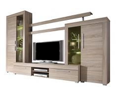 trendteam Wohnzimmer Anbauwand Wohnwand Boom, 308 x 210 x 50 cm in Eiche Sägerau Hell Dekor mit LED Beleuchtung in Warm Weià und brünierten Glas