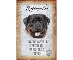Schatzmix Hunde steckbrief: Rottweiler - hingebungsvoll, gehorsam, furchtlos, tapfer Metal Sign deko Schild Blech Garten