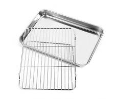 Backblech mit Gestell Set, Toaster Ofen Tablett Pfanne antihaftbeschichtet Edelstahl Keksblätter mit Kühlrost Backformen – ungiftig, leicht zu reinigen & spülmaschinenfest, rechteckig, Größe: 31,7 x 24,1 x 2,5 cm