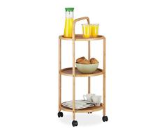 Relaxdays Servierwagen Bambus, rund, 3 Ablagen, geräuscharme Rollen mit Bremsen, Küchenwagen H x D: 87 x 42 cm, natur