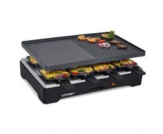Cloer 6446 Raclettegrill mit Aluminium Druckguss Platte - beidseitig verwendbar, 1200 W, 8 antihaftbeschichtete Raclettepfännchen, schwarz