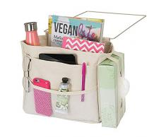 mDesign Wren Betttasche zum Einhängen – geräumiger Nachttisch Organizer aus Baumwolle – mit 3 Taschen – praktische Hängeaufbewahrung für Wasserflasche, Fernbedienung, Armbanduhr & Co. – beige