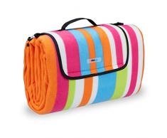 Relaxdays Picknickdecke XXL, 200x200 cm, Fleece Stranddecke, wärmeisoliert, wasserdicht, mit Tragegriff, bunt gestreift
