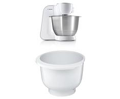 Bosch MUM54270DE Küchenmaschine (900 W, 3,9 l, edelstahlrührschüssel, Würfelschneider) weiß/silber + MUZ5KR1 Kunststoff-Rührschüssel für Küchenmaschine Mum5