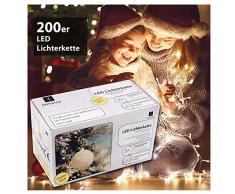 Jamasia 999103 - LED Lichterkette mit 200 LED Lämpchen, warm weiß, mit Trafo und 8 Stunden Timerfunktion, für Innen und Außen, grünes Kabel Länge 27,90 m, Zuführung 8 m, LED Abstand 10 cm, GS geprüft