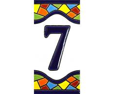 Hausnummer. Schilder mit Zahlen und Nummern auf Keramikkachel. Handgemalte Kordeltechnik fuer Schilder mit Namen, Adressen und Wegweisern. Design MOSAICO MEDIANO 10,9cm x 5,4 cm (Nummer SIEBEN7)