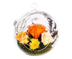 Rosen-Te-Amo Hervorragendes PREMIUM Gesteck - 4 haltbare Blumen in hängende Vase; PREMIUM Rosen-Deko - handgefertigt aus 100% echtes Bindegrün - 3 Jahre haltbar ohne Wasser