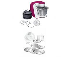 Bosch MUM54P00 Küchenmaschine StartLine, weiß/wild purple + MUZ5VL1 Lifestyle Set VeggieLove mit Durchlaufschnitzler inklusive 3 Scheiben mit Asia-Gemüse-Scheibe und Kartoffelpuffer-Rösti-Scheibe