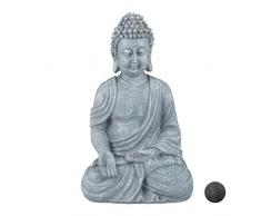 Relaxdays Buddha Figur sitzend, 30 cm, Gartenfigur, Dekofigur Wohnzimmer, Keramik, wetterfest, frostsicher, hellgrau