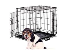 Relaxdays Hundekäfig, Faltbare Hundetransportbox Auto, Welpenkäfig, 2 Türen, Bodenschale, Drahtkäfig Metall, M, Schwarz