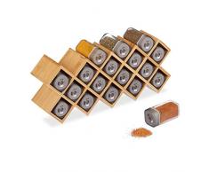 Relaxdays Gewürzregal mit 18 Gewürzstreuern, Bambus, Glas, Küchenorganizer Gewürze, stehend, HBT 18 x 44 x 9,5 cm, natur