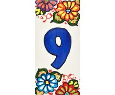 Hausnummer. Schilder mit Zahlen und Nummern auf Keramikkachel. Handgemalte Kordeltechnik fuer Schilder mit Namen, Adressen und Wegweisern. Design JARDIN 14,5 cm x 7 cm (Nummer NEUN9).