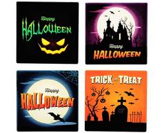 Planet Ethnic Bunte Happy Halloween Designer Keramikuntersetzer Set (4 Untersetzer, je fast 10 x 10 cm) mit passendem Untersetzer aus Holz und einer Geschenkbox. Coaster Size 4 inch